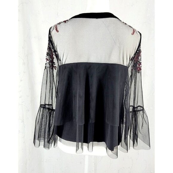 Willow & Clay Mesh Floral Embroidered Yoke Blouse Top Black Size Small - Picture 10 of 14